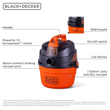 BLACK+DECKER Shop Vacuum Wet and Dry, Small Shop Vac with Accessories, 1 Gallon 1.5 Peak HP, Wall Mount Mini Vacuum for Garage, Home and Pet, 60CFM (BDXV18101P-1H) - size: 1 Gallon