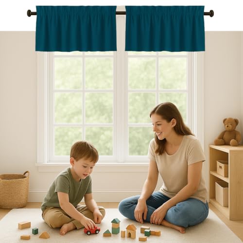 Teal Green Valance Curtains 2 Pack, 54x18 Inches, 100% Cotton, Rod Pocket Window Valances, Semi Sheer Short Curtain Panel for Kitchen, Farmhouse, Café, Bedroom, Bathroom, Living Room - color: Teal Green, size: 18"W x 54"L (Pack of 2)