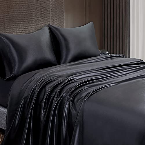 Homiest 3pcs Satin Sheets Set Luxury Silky Satin Bedding Set with Deep Pocket, 1 Fitted Sheet + 1 Flat Sheet + 1 Pillowcase (Twin Size, Black) - color: Black, size: Deep pocket - Twin size