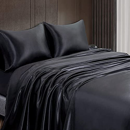 Homiest 3pcs Satin Sheets Set Luxury Silky Satin Bedding Set with Deep Pocket, 1 Fitted Sheet + 1 Flat Sheet + 1 Pillowcase (Twin Size, Black) - color: Black, size: Deep pocket - Twin size