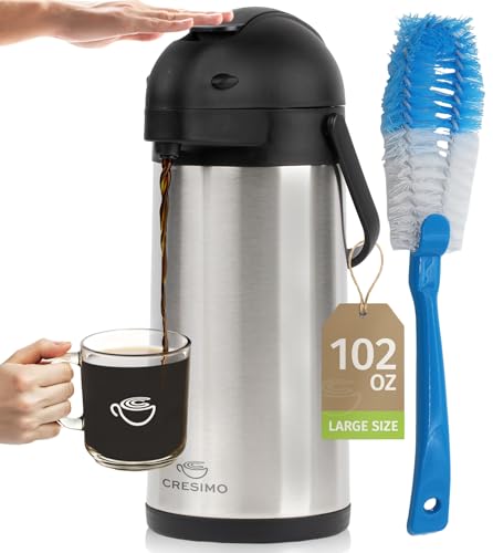 Coffee Carafe Airpot & Cleaning Brush - 101oz / 3L Airpot 12 Hours Hot Water Dispenser or 36 Hours Cold Drink Dispenser with Pump - Easy Dispensing Coffee Carafes for Keeping Hot Extra Large - Cresimo - color: Silver w/ Brush, size: 102 Ounces