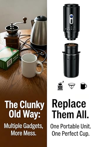 Portable Coffee Maker, Travel Coffee Maker, Portable Battery Pour Over Set, Rechargeable Coffee Maker with Electric Grinder & Insulated Mug for Travel, Camping, Car