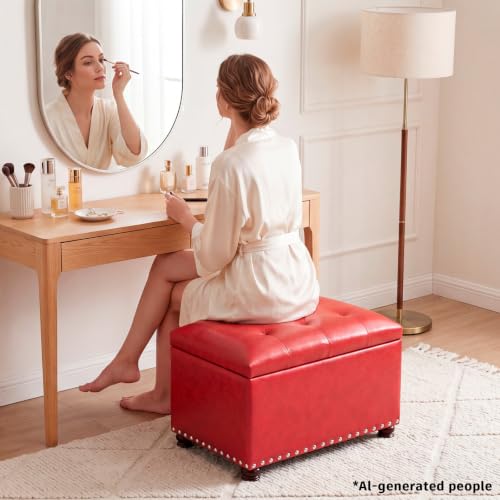 Joveco Leather Storage Ottoman, 24" Rectangle Square Bench Foot Rest Stool for Bedroom Living Room, Red - color: Red