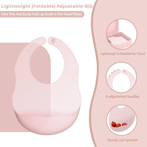 Pink Silicone Foldable Baby Feeding Set, Baby Travel Essential Including Toddler Plates, Spoon&Fork, Adjustable Foldable Bib, Portable Infant Toddler Utensils - color: Pink