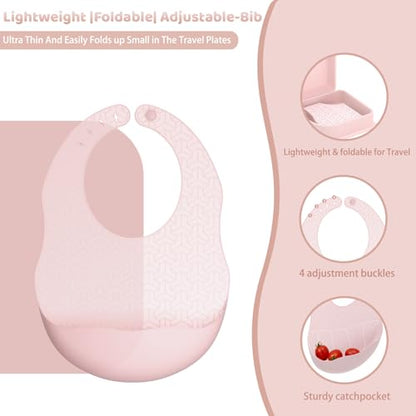 Pink Silicone Foldable Baby Feeding Set, Baby Travel Essential Including Toddler Plates, Spoon&Fork, Adjustable Foldable Bib, Portable Infant Toddler Utensils - color: Pink