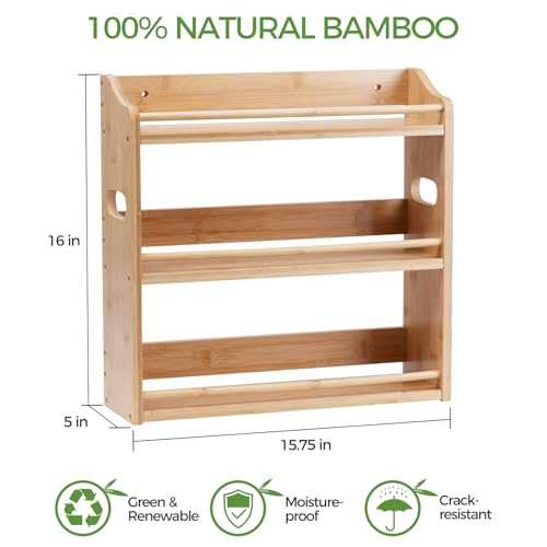 Bamboo Spice Rack Organizer, 3 Tier Spice Storage Rack with Handles, Wood Seasoning Jars Shelf for Kitchen Counter, Pantry or Wall Mounting
