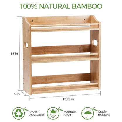 Bamboo Spice Rack Organizer, 3 Tier Spice Storage Rack with Handles, Wood Seasoning Jars Shelf for Kitchen Counter, Pantry or Wall Mounting