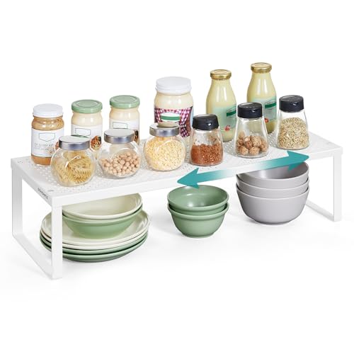 SONGMICS Spice Rack, Expandable Kitchen Countertop Shelf, Small Cupboard Organizer, Metal, Space-Saving Tabletop Shelf, Matte White UKCS007W01 - color: Matte White, size: Set of 1