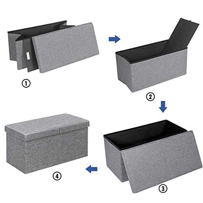 Folding Storage Ottoman w/Flipping Lid, End of Bed Bench, Fabric Shoe Bench w/Padded Seat, Upholstered Foot Rest Stool, Storage Box for Living Room, Bedroom, Entryway (Silver)