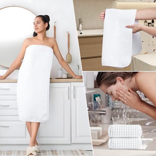 POLYTE 430 GSM Microfiber Quick Dry Lint Free Oversize Bath Towel Set, 6 Piece (Waffle Weave) - color: White