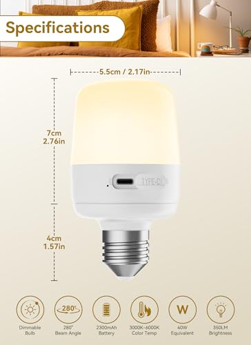 Minetom E26 Rechargeable Light Bulbs with Remote and Timer, Battery Backup Bulb with 12 Colors and Brightness Dimmable, 2300mAh 40W Equivalent LED Light Bulbs for Lamps Sconces Camping, 4 Pack - size: 4 Pack