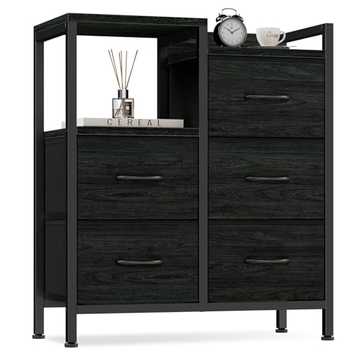 Furnulem 5 Drawer Black Dressers for Bedroom 2 Tier Shelf Storage Small Fabric Dresser for Closet Sturdy Metal Frame Modern Style Storage Cabinets Organization Units for Hallway Rooms - color: Black Oak