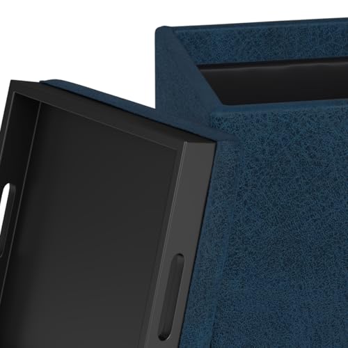 SIMPLIHOME Rockwood Cube Storage Ottoman with Tray - 17" Wide x 17" High Upholstered Vegan Leather Square Storage Ottoman in Distressed Dark Blue, Contemporary Cube Ottoman with Serving Tray - color: Distressed Dark Blue