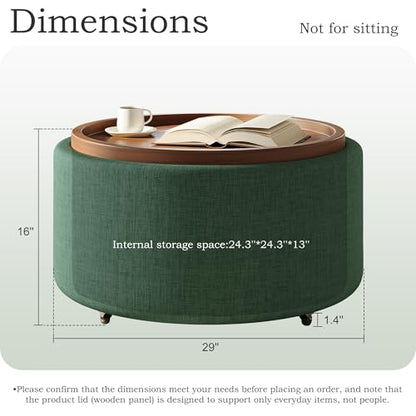 Round Storage Ottoman Coffee Table with Walnut Tray, 30'' Round Ottoman with Storage, Modern Upholstered Coffee Table with with 4 Casters for Living Room, Linen Fabric, Green - color: Green