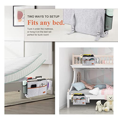 Surblue Bedside Caddy Felt Bed Storage Organizer Hanging Bag with Tissue Box and Water Bottle Pocket for Mattress, Sofa, Bunk Bed, Light Gray - color: Light Gray