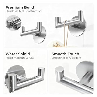 GWAAZXGZ 2 Pack Brushed Nickel Bathroom Hooks for Towels - Self Adhesive Double Hooks for Wall, No Drilling, Stainless Steel 304, Strong Hold for Robes, Coats, Shower Use - color: Silver