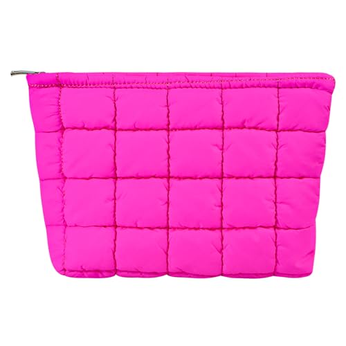 Puffy Quilted Makeup Bag for Women, Cosmetic Bag Travel Toiletry Organizer, Portable Aesthetic Puffer Pouch with Zipper for Storage - color: Rose Red