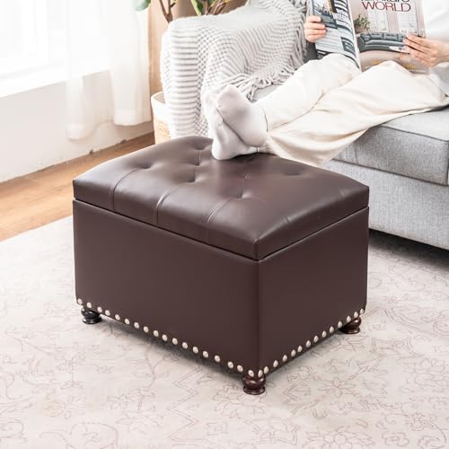 Joveco Faux Leather Storage Ottoman Bench Rectangle 24 Inch Foot Rest Ottomans (Brown) - color: Brown