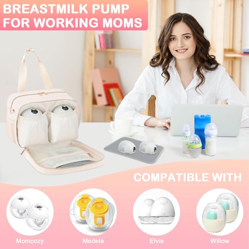 PIIOSER Breastmilk Cooler Bag with Ice Pack, Fits 6 Baby Bottles Up to 9 Ounce, Insulated Bottle Travel Bags with Shoulder Strap-Wearable Breast Pump Carrying Case for Nursing & Working Moms - color: Cream