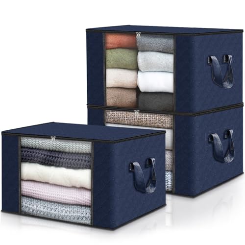 Fab totes Storage Bags,Clothes Blanket Storage Bins Foldable Closet Organizers with Reinforced Handle for Home Dorm Storage and Organization,Fabric Bags for Organizing Sheets,Clothing (Blue,3 Pack) - color: Blue, size: 3 Pack-60l