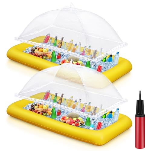 Leitee 5 Pcs Inflatable Serving Bar Kit Includes Salad Buffet Tray with Drain Plug Mesh Food Cover Food Drink Containers and Inflator for Ice Supplies Summer Party Camping Picnic(Yellow) - color: Yellow