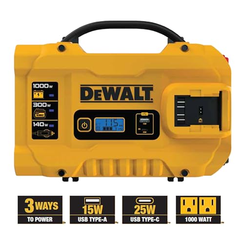 DEWALT DXAEPIP3W 20V, 3-Way Powered (Cables, Battery, DC Plug) 1000 Watt Power Inverter; Dual AC Outlets, 1 USB-A Port, & 1 USB-C 30W Port - size: 1000 Watt