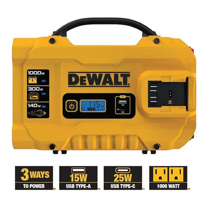 DEWALT DXAEPIP3W 20V, 3-Way Powered (Cables, Battery, DC Plug) 1000 Watt Power Inverter; Dual AC Outlets, 1 USB-A Port, & 1 USB-C 30W Port - size: 1000 Watt