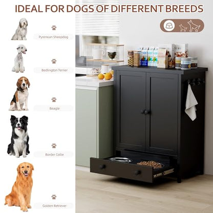 Dog Feeding Station with Storage, Metal Dog Food Storage Cabinet with 2 Elevated Bowls and 3 Hooks, Pet Feeding Station and Food Storage Organizer, Black - size: Metal Black
