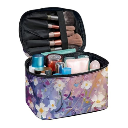 Flashideas Daisy Print Makeup Bag Portable Cosmetic Bag Large Capacity Travel Toiletry Bag Double Zippers for Cosmetics Vertical Storage Multifunctional Makeup - color: Daisy Print 1