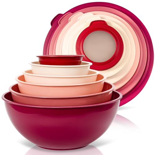 WHYSKO Mixing Bowl Set, 12 Piece Colorful Plastic Mixing Bowls with Lids Set for Food Prep Storage and Serving, Microwave and Dishwasher Safe for Kitchen Baking Cooking - color: Red
