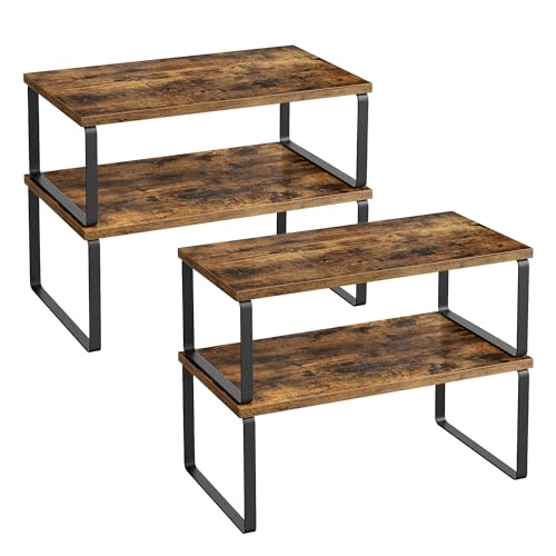 SONGMICS Cabinet Organizer Shelf, Set of 4 Kitchen Counter Shelves, Kitchen Storage, Spice Rack, Stackable, Expandable, Metal and Engineered Wood, Ink Black and Rustic Brown UKCS022X01 - color: Ink Black + Rustic Brown, size: 15.6"W