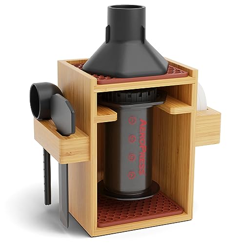 HEXNUB Organizer Stand for AeroPress Bamboo Coffee Caddy Compact Brown | Handmade Coffee Caddy with Filter Holder, Mug Storage Rack, Accessory Station and Silicone Drip Mats - color: Compact - Brown Mats