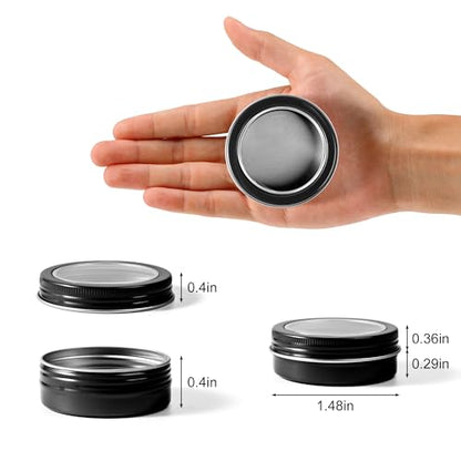 2 oz (60ml) Black Aluminum Tins with Clear Lids and Labels, 24 Pack | Clear View Lid, Secure Packaging, Tight Screw Lids, Includes Blank Labels, 11 Color Options - color: Black