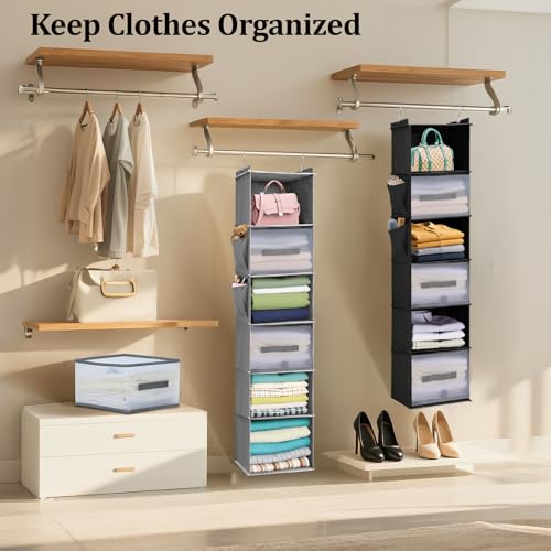6-Tier Hanging Closet Organizer with 3 Drawers and Side Pockets – Multi-Functional Storage for Shoes, Belts, Purses, and Clothing - color: 6-shelf Black