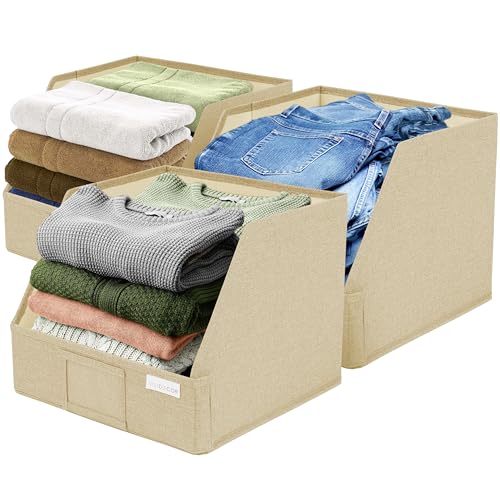 VIVIDECOR Open Front Closet Storage Bins 12x12x10 – Trapezoid Shelf Organizer, Easy Access Fabric Baskets for Clothes, Towels – Beige, 3 Pack - color: Beige