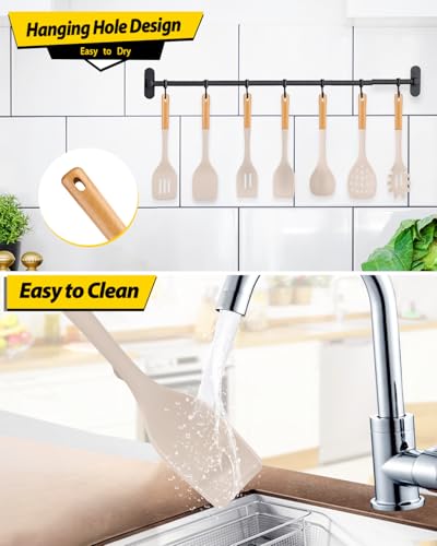 Silicone Kitchen Utensil Set for Non Stick Cookware, 7 Pcs Heat Resistant Cooking Utensils with Wooden Handle, BPA Free Kitchen Tools with Spatulas, Spoons, Skimmer and Pasta Fork (KHAKI) - color: Khaki