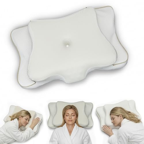 Ergonomic Cervical Neck Pillow for Sleeping – Cooling Memory Foam Cervical Pillow for Side Sleepers and Back Sleepers – Contour Neck Support (White/Gold, Cooling) - color: White/Gold