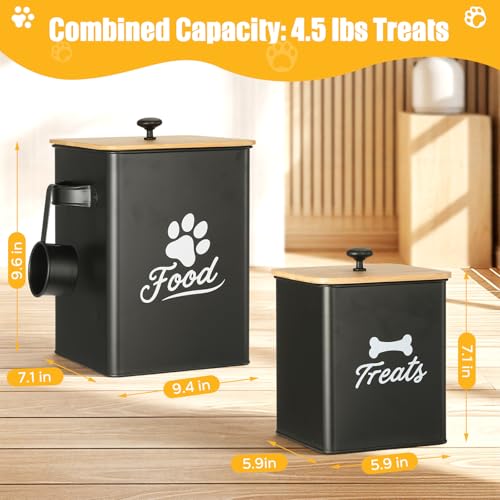 Dog Treat Container Set of 2, Dog Food Storage Containers with Airtight Lids, Metal dog treat jars for Kitchen Countertop, Pet Cookie Canister to Keep Treats Fresh, 9.4''×7.1''×9.6", Black - size: 9.4*9.6&5.9*7.1