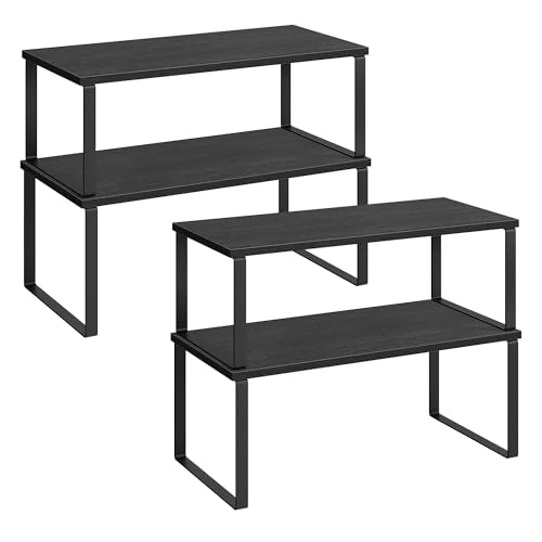 SONGMICS Cabinet Organizer Shelf, Set of 4 Kitchen Counter Shelves, Kitchen Storage, Spice Rack, Stackable, Expandable, Metal and Engineered Wood, Ink Black and Ebony Black UKCS028B01 - color: Ink Black + Ebony Black, size: 15.6"W