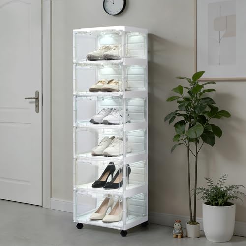 SAYMA LED Shoe Storage Box, Clear Shoe Storage Organizer with Magnetic Door, Stackable Plastic Shoe Cabinet with Wheels, Foldable Shoe Rack for Closet, Easy Assembly Shoe Cabinet for Entryway - size: 6 Tiers with Light