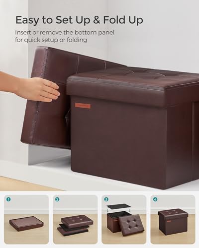 SONGMICS Small Folding Storage Ottoman, Foot Rest Stool, Cube Footrest, Synthetic Leather, 12.2 x 16.1 x 12.2 Inches, 286 lb Capacity, for Living Room, Bedroom, Dorm, Chestnut Brown ULSF100K02 - color: Chestnut Brown, style: Synthetic Leather