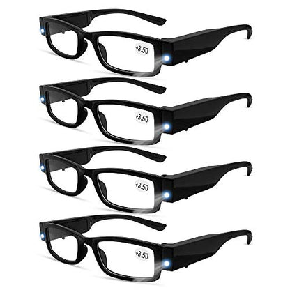 4 Pcs Reading Glasses Led Readers with Lights Fashion Glasses for Reading for Men and Women Lighted Magnifier Nighttime Reader Compact Full Frame Eyewear Unisex Clear Vision Lighted Eye Glasses(+350) - color: +350