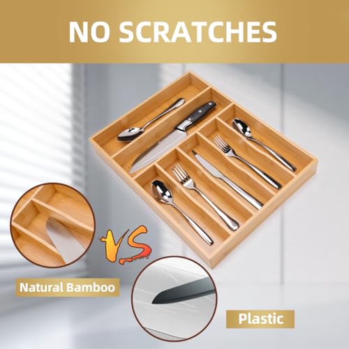 Upassion Bamboo Kitchen Drawer Organizer, 13 Inch Silverware Organizer with Extra-deep Grooved Divider, 7 Slots Pure Bamboo Wood Caddy for Flatware Cutlery Knives, Forks, Spoons - size: 13 x 17 inch (7 Slots)