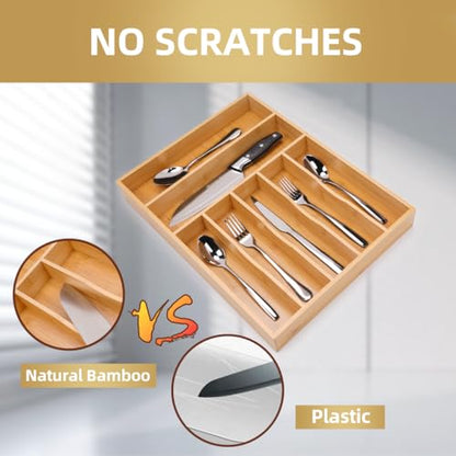 Upassion Bamboo Kitchen Drawer Organizer, 13 Inch Silverware Organizer with Extra-deep Grooved Divider, 7 Slots Pure Bamboo Wood Caddy for Flatware Cutlery Knives, Forks, Spoons - size: 13 x 17 inch (7 Slots)