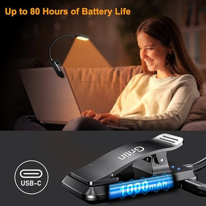 Gritin 16 LED Rechargeable Book Light for Reading in Bed- Eye Caring 3 Color Temperatures, Stepless Dimming Brightness, 80 Hrs Runtime, Lightweight Flexible Clip on Light for Book Lovers | Eye Caring 3 Color Temperatures,Stepless Dimming Brightness,80 Hrs