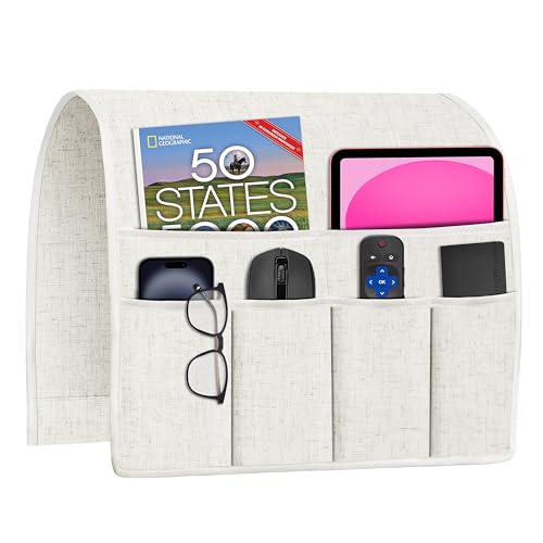 Joywell Couch Remote Holder Sofa Armrest Organizer Non Slip Arm Chair Caddie for Recliner with 6 Pocket Storage for Magazine, Tablet, Phone, iPad, Beige White - color: Beige White, size: 19'' x 35''
