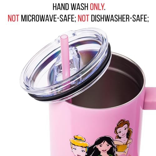 Silver Buffalo Disney Princess Featuring Cinderella, Mulan, Belle, Ariel, Tiana, and Jasmine Double Walled Stainless Steel Tumbler with Handle and Straw, Fits in Standard Cup Holder, 40 Ounces - color: Disney Princesses