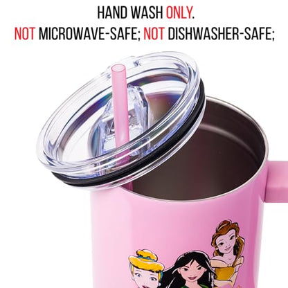 Silver Buffalo Disney Princess Featuring Cinderella, Mulan, Belle, Ariel, Tiana, and Jasmine Double Walled Stainless Steel Tumbler with Handle and Straw, Fits in Standard Cup Holder, 40 Ounces - color: Disney Princesses