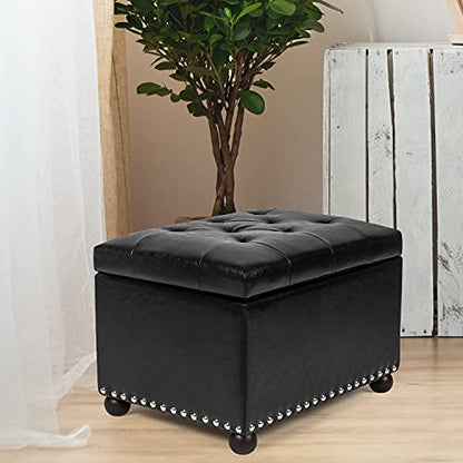 Joveco Leather Storage Ottoman, 24" Rectangle Tufted Foot Rest Stool, for Living Room Bedroom, Midnight Black - color: Midnight Black