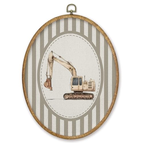 CGBHW Excavator Nursery Oval Wall Art Decor Products, Kids Canvas Prints Framed, Neutral Striped Excavator Vehicle Wall Art Hanging Decor for Home Kids Boy Nursery Room Bedroom Playroom, 8.6x11.4 Inch - color: Colour21